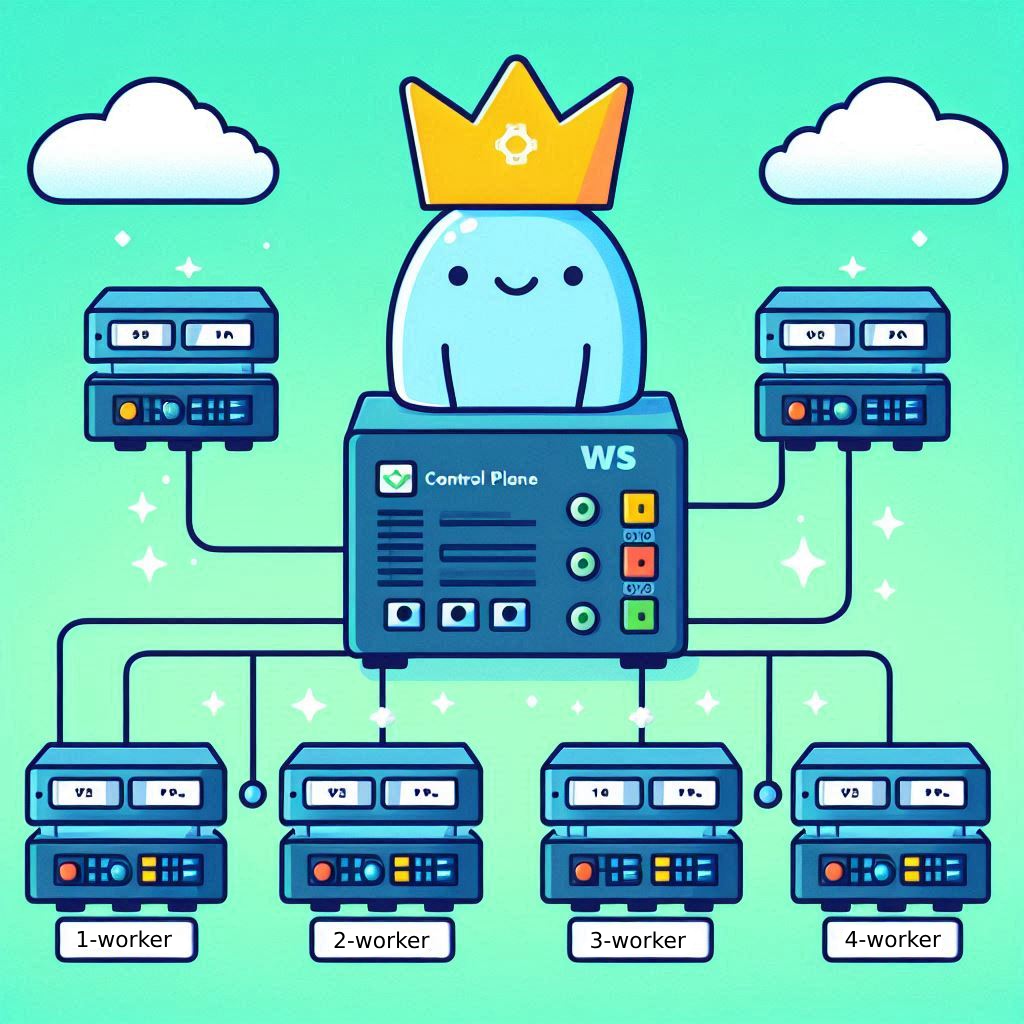 An illustration showing the VM naming and configuration, with icons for the control plane and worker VMs. The control plane should be depicted with a crown to signify its role as the &ldquo;king&rdquo; of the cluster.