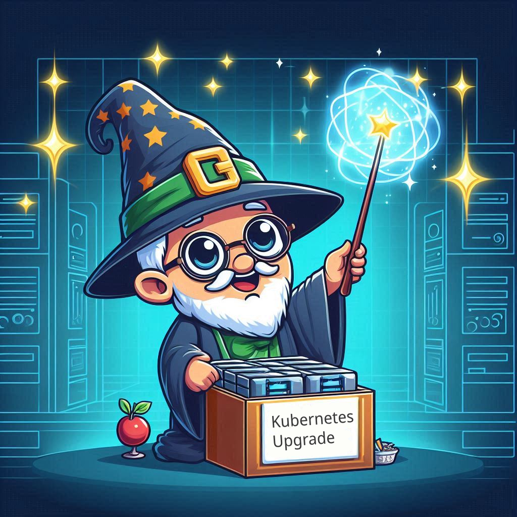 Wizard admin using a magic wand to upgrade a Kubernetes node, with sparkles and light effects indicating a successful upgrade.