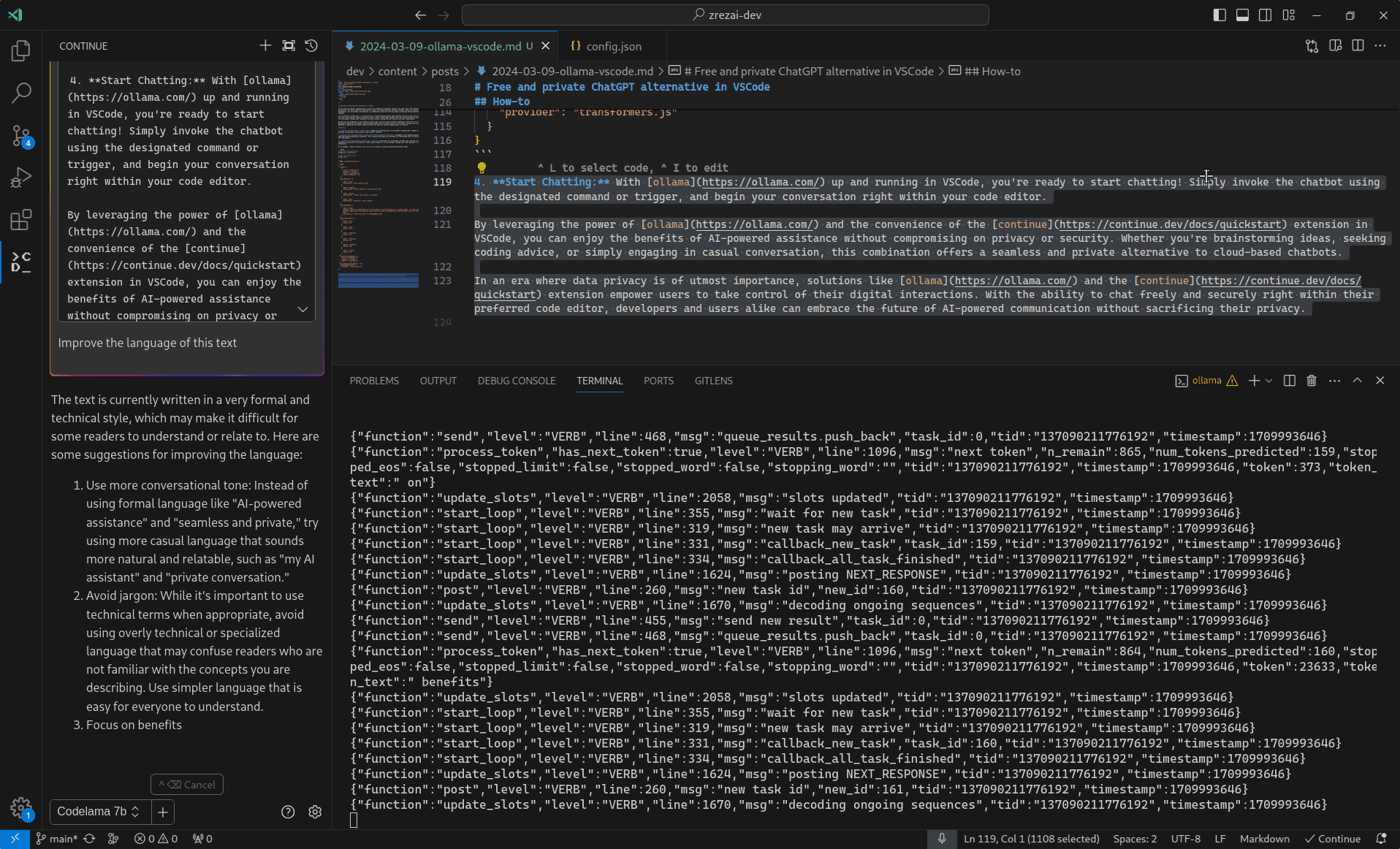 Image of VSCode with working Ollama